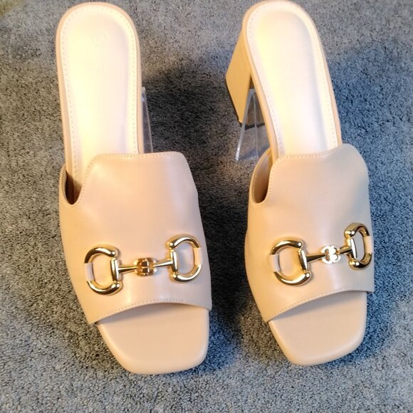 Gihubafuil Womens Block Heel Mules Khaki Gold Chain Slip-On Sandals Size 9 - Picture 1 of 11